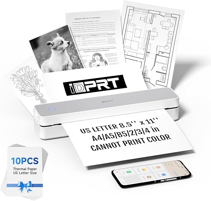 iDPRT Portable Printer Wireless for Travel, 300DPI Bluetooth Thermal Printer Support for 8.5"x11" US Letter, Inkless Compatible with iOS, Android, Laptop for Office, Car and Home, School (Renewed)