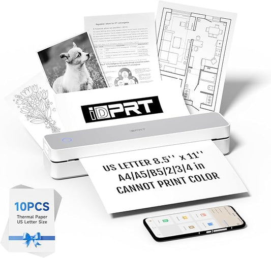 iDPRT Portable Printer Wireless for Travel, 300DPI Bluetooth Thermal Printer Support for 8.5"x11" US Letter, Inkless Compatible with iOS, Android, Laptop for Office, Car and Home, School (Renewed)