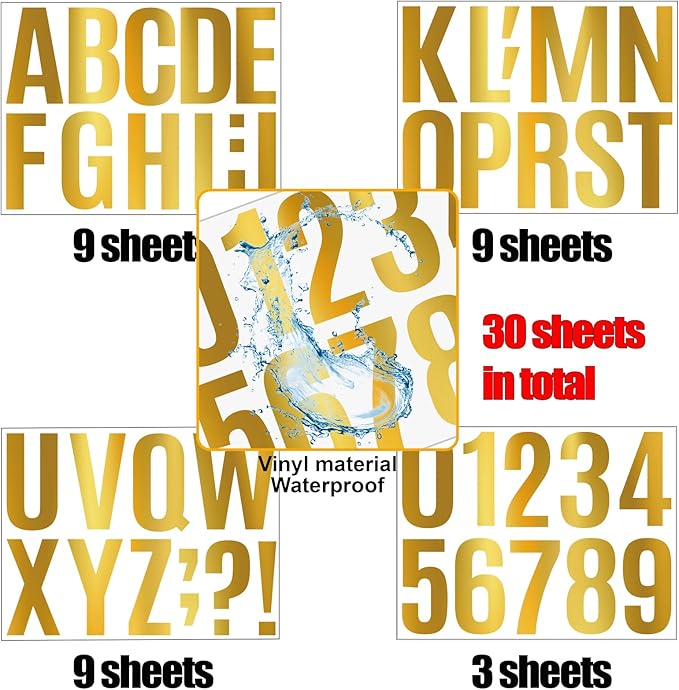 Bemeol 30 Sheets Large Letter Sickers 4 inch Vinyl Letter Alphabet Number Stickers for Bulletin Board Classroom Mailbox Home Decor(Gold)