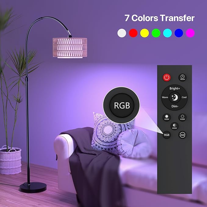 Arc Floor Lamp with Remote Control, Dimmable LED Floor Light with 3 Color Temperature, Black Standing Lamp with Rattan & Fabric Double Drum Shade, Boho Farmhouse Tall Floor Lamp for Living Room