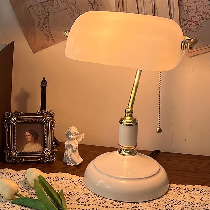 White Glass Bankers Desk Lamp, Vintage Reading Table Lamp, Classic Bedside Light with Brass Pull Chain Switch for Bedroom Home Office