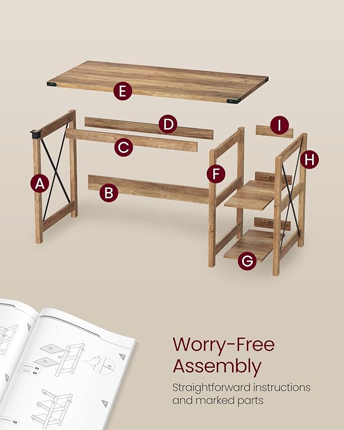 VASAGLE Computer Desk, Home Office Desk with Storage Shelves on Right or Left, Farmhouse, for Work Study Gaming Writing, 23.6 x 47.2 x 29.5 Inches, Honey Brown ULWDAM090T41