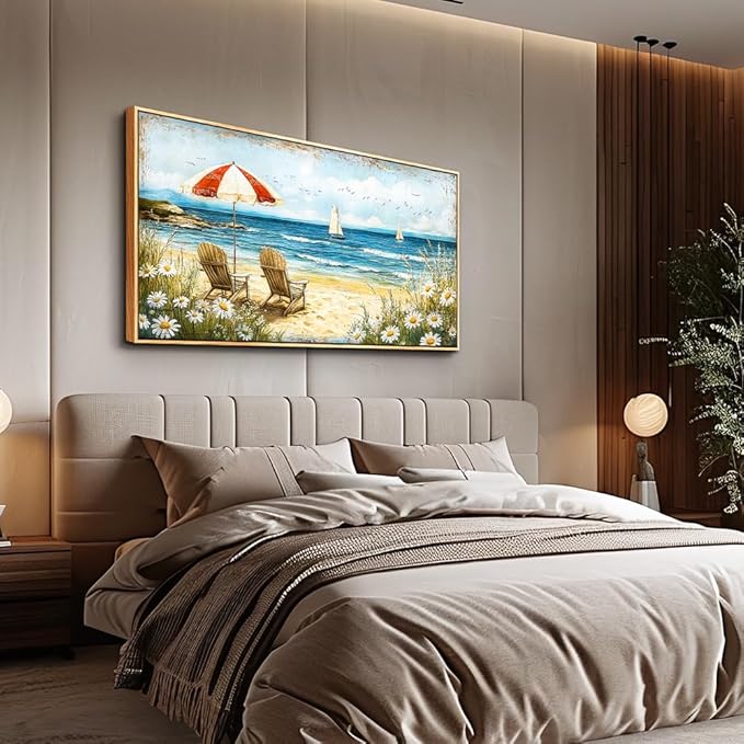 ERQINHUA Large Canvas Wall Art For Living Room Bedroom Wall Decor Office Blue Seaside Landscape Painting Wood Frame Room Bathroom Dining Room Prints Artwork Picture Home Wall Decoration 20x40 In