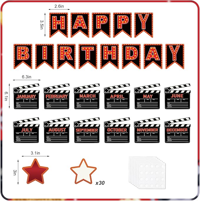 JarThenaAMCS 85Pcs Happy Birthday Bulletin Board Set Movie Night Calendar Poster Movie Stars Classroom Birthday Chart for Back to School Decorations