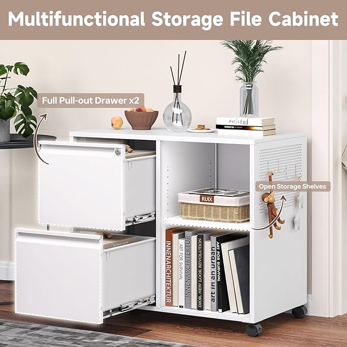 2 Drawer File Cabinet for Home Office, Rolling File Cabinets with Lock, Under Desk Metal Filing Caninet with Wheels for A4 / F4 / Letter/File Box, White-Assembly Required
