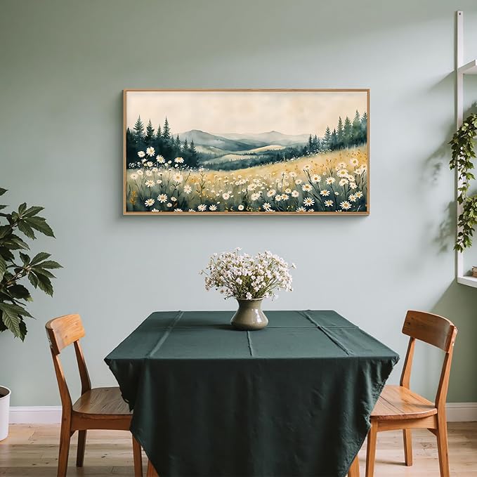 BICERE Large Misty Mountain Framed Canvas Wall Art,Nature Daisy Flower Wall Decor,Modern Foggy Forest Art Painting,Abstract Woodland Landscape Artwork for Living Room,Bedroom,Dining Room-20"x40"x1