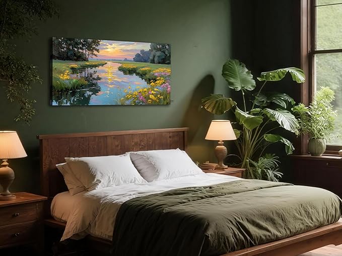 Arjun Landscape Canvas Wall Art Sunset Vibrant Wildflower Flower Field Nature Scene Scenery River Painting, Textured Framed Picture Large Artwork for Living Room Bedroom Wall Decor 40"x20"