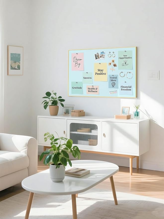 Bulletin Board 30 x 20 inches, Light Blue Pin Board, Golden Aluminum Framed Fabric Cork Board with 10 Push Pins
