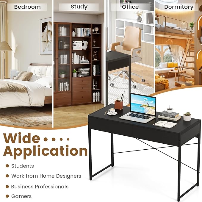 Giantex Computer Desk with 2 Drawers, 44 Inch Home Office Desk with Anti-Toppling Device & Metal Frame, Compact Laptop PC Table, Makeup Vanity Table, Modern Study Writing Desk for Small Spaces (Black)