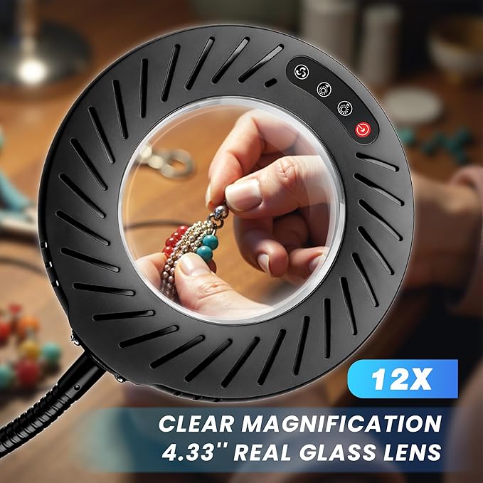 12X Magnifying Glass with Light and Stand, 144 LEDs Flexible Desktop Magnifying Lamp, 5 Color Modes 9 Dimmable Brightness, Metal Desk Magnifier Lamp for Craft Reading Painting Hobby Close Work