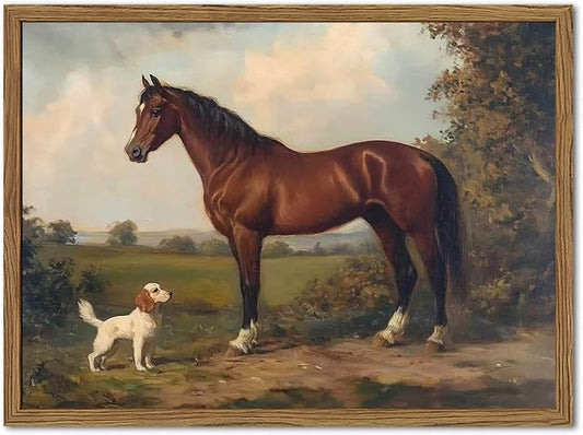 Framed Vintage Wall Art, Rustic Horse and Dog Pictures Wall Decor, Farmhouse Animal landscape Paintings Canvas Prints Neutral Aesthetic Home Decor for Living Room Bedroom Bathroom Office 12x16 inch