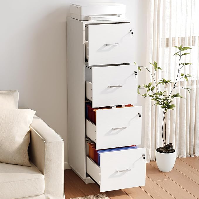 VINGLI 4 Drawer File Cabinet with Lock, Home Office Filing Organizer, for Letter Size File Folder Storage, Wood Tall Vertical Filing Cabinet, Printer Stand, Archivador (White)