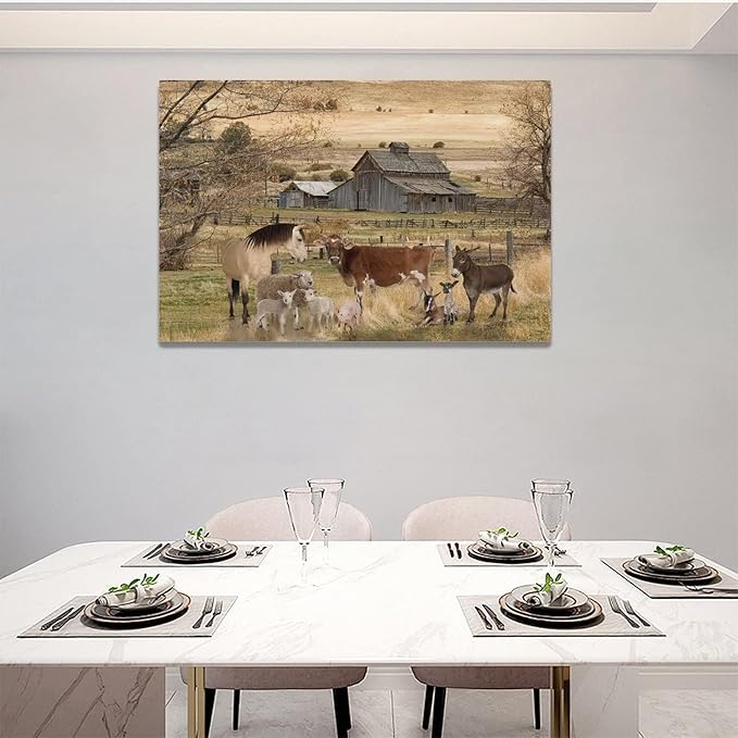yerretin Farm Animal Wall Art Country Old Barn Pictures Wall Decor Rustic Canvas Print Farmhouse Landscape Painting Modern Home Artwork for Living Room Bedroom Bathroom Office Framed, 24"x16"