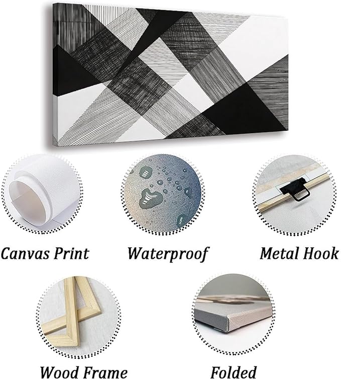 Geometric Abstract Framed Canvas Wall Art for Office, Black White Modern Wall Decor 32"L x 16"W