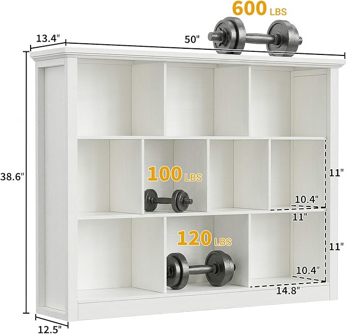Unikito 10 Cube Storage Book Shelf - 50" Wide Wood Cube Storage Organizer, Wooden 3 Tiers Floor Standing Low Bookcase for Living Room, Bedroom, Home Office, Kids Room