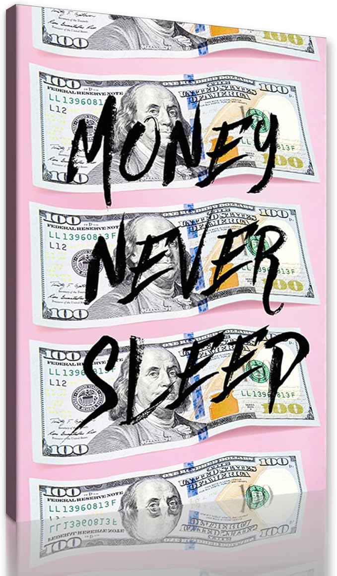 Yatsen Bridge Motivational Wall Art - Money Never Sleeps Canvas Prints Pink Money Wall Dollar Decor 100 Bill Poster Modern Office Home & Trendy Living Room Decoration, Framed Ready to Hang (12x16 in)