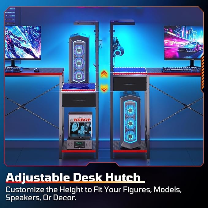 Bestier Gaming Desk with Drawer, 44 Inch Small Computer Desk with PC Shelf, Gaming Table with LED Lights for Small Spaces, Reversible Gamer Desk with Storage Bag & Side Hook, Black-RED