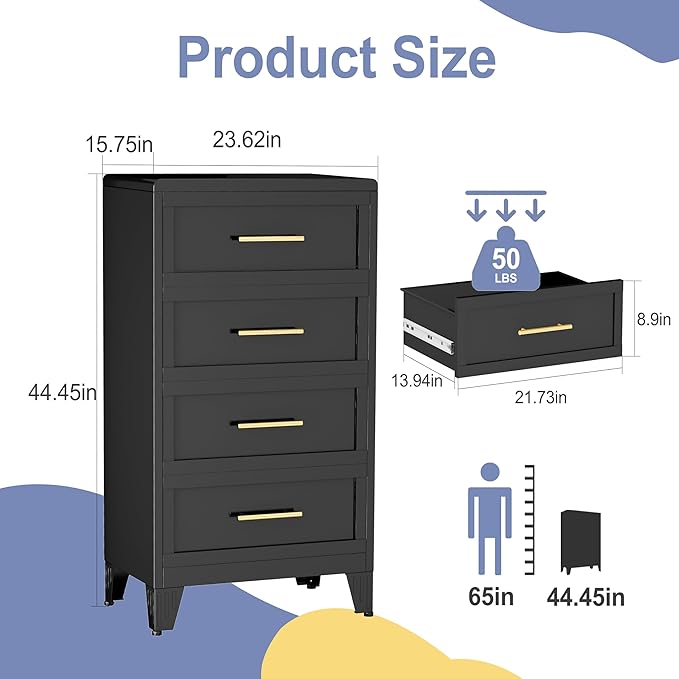 44.45" Tall Dresser for Bedroom 4 Drawers, Metal Dresser Chest of Drawers, Circular Drawer Cabinet for Home,Filing Cabinet with Drawers for Office (White)