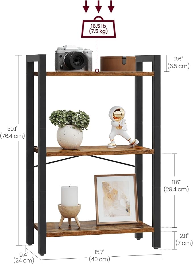 VASAGLE 3-Tier Bookshelf, Bookcase with Steel Frame, Book Shelf for Living Room, Home Office, Study, 9.4 x 15.7 x 30.1 Inches, Industrial Style, Rustic Brown and Ink Black ULLS098K02