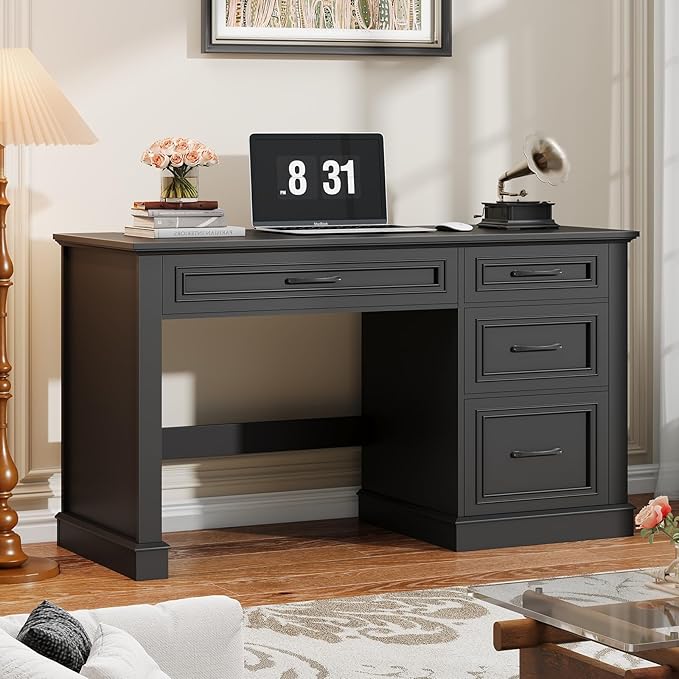 Farmhouse 47" Executive Desk, Computer Desk with Drawers and File Drawer, Workstation Computer Desk with Charging Station for Home Office, Study.（Pure Black）