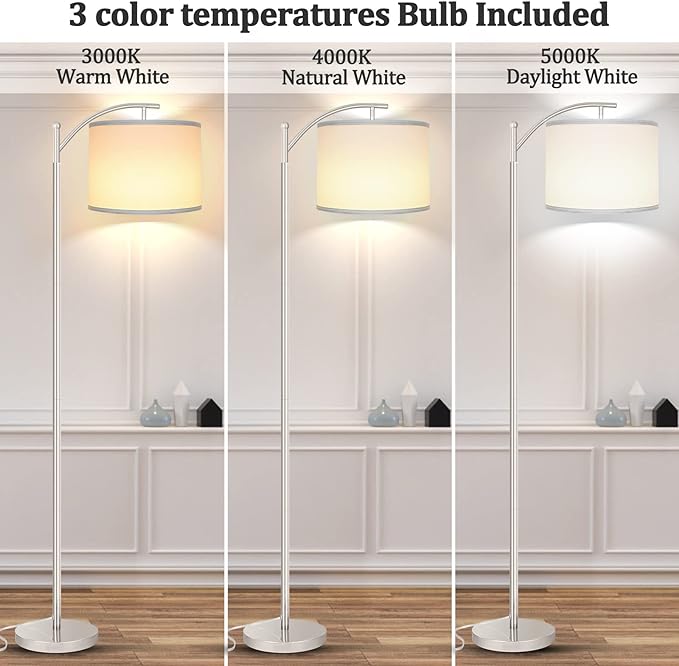 Floor Lamp for Living Room with 3 Color Temperatures LED Bulb, Standing Lamp Tall Industrial Floor Lamp Reading for Bedroom, Office (9W LED Bulb, White Lampshade Included) -Silver
