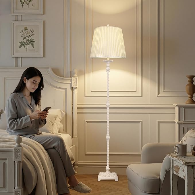 Vintage Floor Lamp for Living Room with 3-Way Dimmable LED Bulb, 66" Tall Rustic Standing Lamp for Bedroom with Linen Pleated Shade and Rotary Switch, Retro Farmhouse Corner Lamp for Office, House