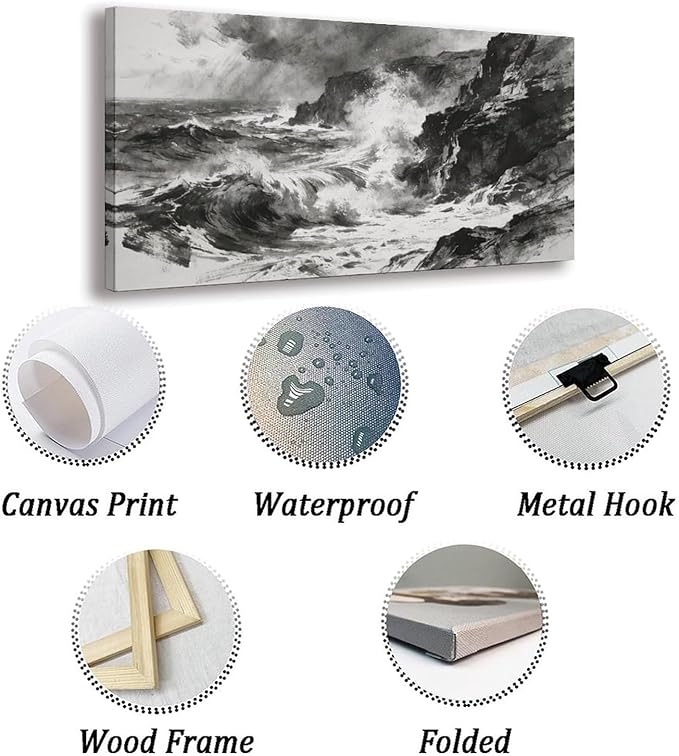 Black White Ocean Wave Framed Canvas Wall Art for Living Room, Coastal Decor 58" L x 28" W