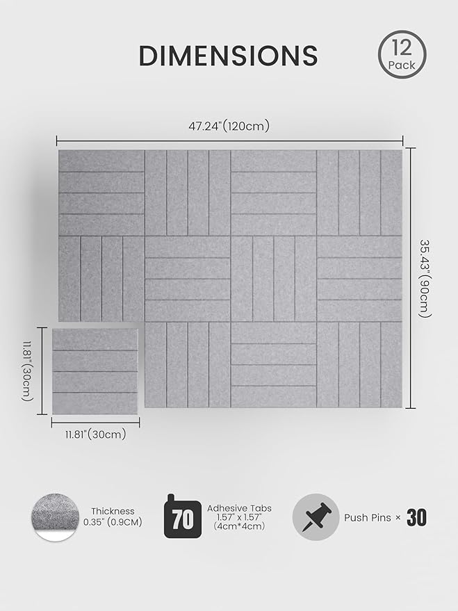 Bumusty Large Cork Board Alternative-48 x 36" Felt Bulletin Board Tiles, with 30 Pushpins, 70 Adhesive Tabs, 12-Pack Slat Wall Paneling, Cork Boards for Office Push Pin Board Felt Board-Soft Gray
