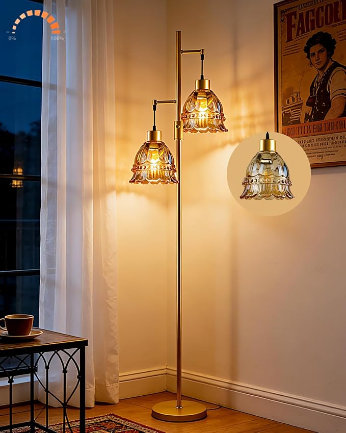 Lightdot 65IN Glass Floor Lamp for Living Room, 2- Light Gold Flower Floor Lamps with Brown Glass Lampshade, 3000K Warm White Modern Standing Tall Lamp for Bedroom Corner