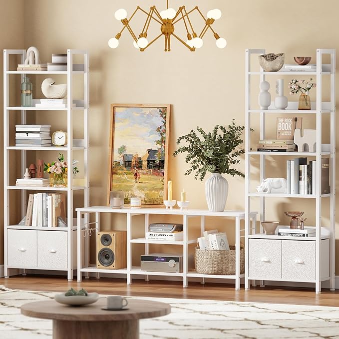 Furologee 6-Tier Bookshelf Set of 2,Tall Bookcase with 2 Drawers and Shelves, Industrial Display Free Standing Shelf Units, Storage Rack Organizer for Bedroom, Living Room, Home Office, White
