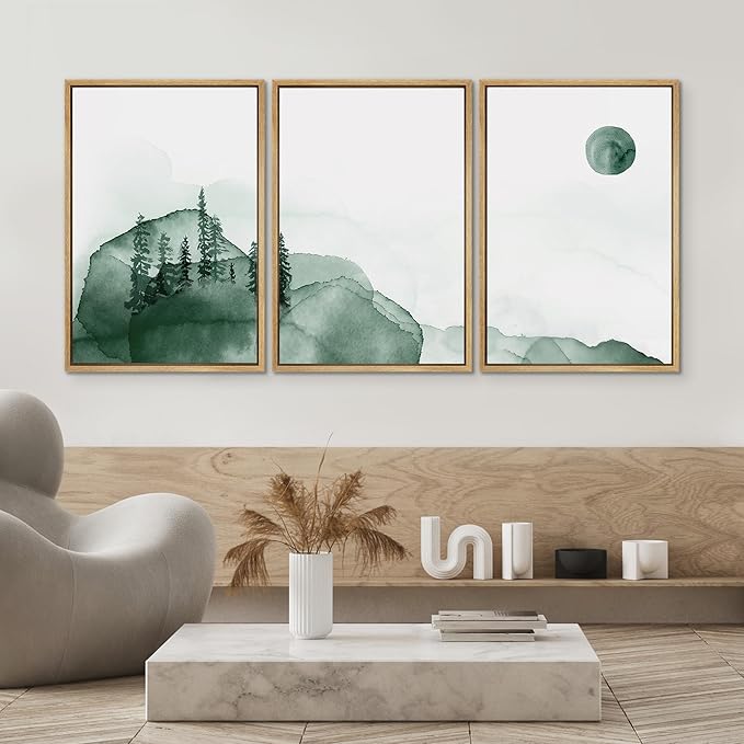 SIGNWIN 3 Piece Framed Canvas Wall Art Green Watercolor Landscape with Moon Nature Wilderness Illustrations Abstract Traditional Home Artwork Decoration for Living Room,Bedroom - 24"x36"x3 Natural