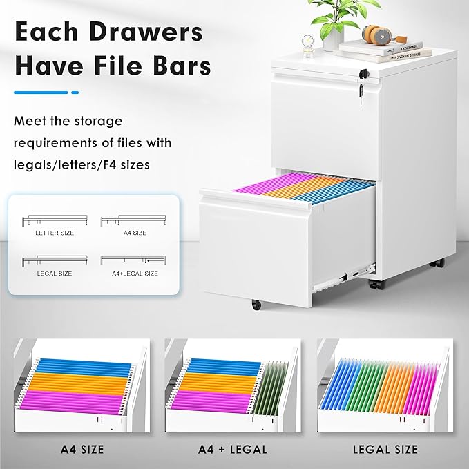 Pataku 2 Drawer File Cabinet, Small File Cabinets with Lock, Metal Rolling Filing Cabinet with 2 Drawer, Filing Cabinets for Home Office Fit A4/Letter/Legal, Easy Assembled, White