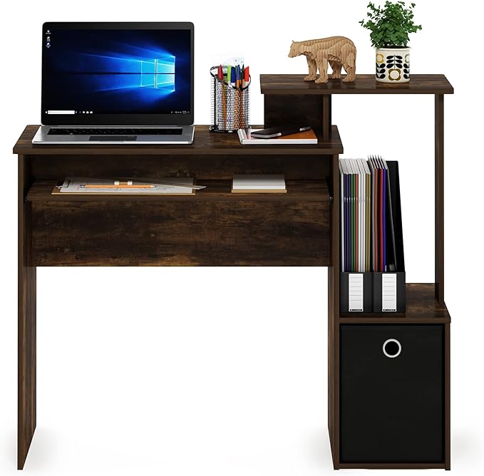 Furinno ECON Desk, Gaming Desk with Keyboard Tray, Computer Desk, Office Desk with Side Shelves and Storage Bin, 40-Inch, for Home Office, Study Room, Dorm, Amber Oak