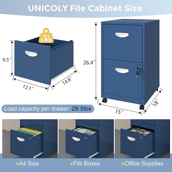 2 Drawer File Cabinet with Lock, Filing Cabinets with Wheels, Rolling File Cabinets for Home Office, Metal Office File Cabinet, Mobile Filing Cabinet for Holding Letters and File Boxes, Blue