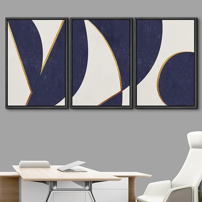 IDEA4WALL Framed Canvas Print Wall Art Set Art Deco Mid-Century Blue Gold Polygons Abstract Shapes Illustrations Modern Art Decorative Contemporary for Living Room, Bedroom, Office - 16"x24"x3 Black