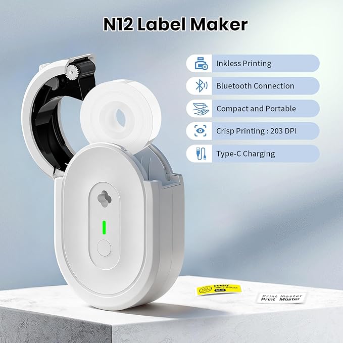 Mini Label Maker Machine with Tape, N12 Portable Bluetooth Label Printer, Thermal Sticker Labeler for Small Business, School, Home, Office(White)
