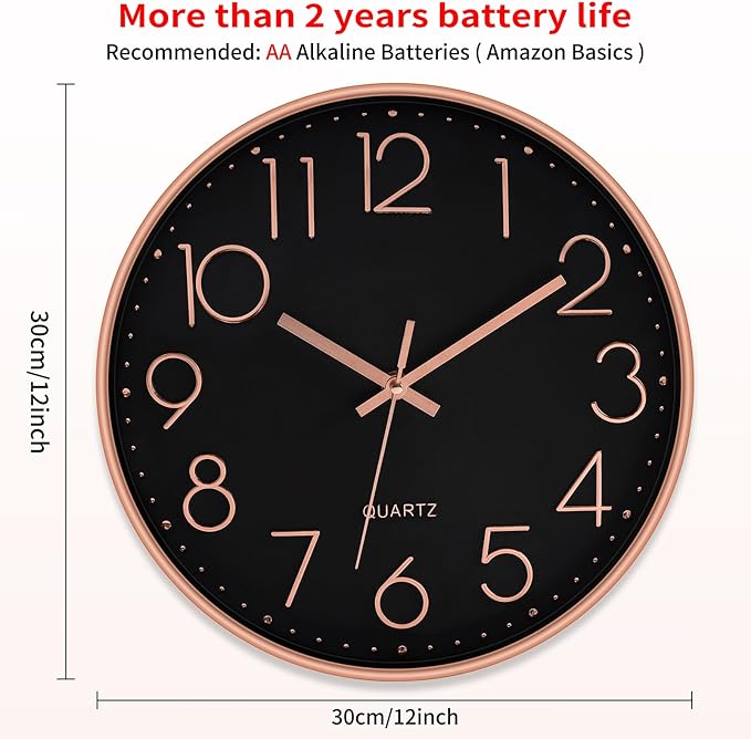 Foxtop Modern Wall Clock 12 Inch Non-Ticking Silent Battery Operated Round Quartz Rose Gold Wall Clock for Office Bedroom Living Room Kitchen Home School Decor (Black Dial)