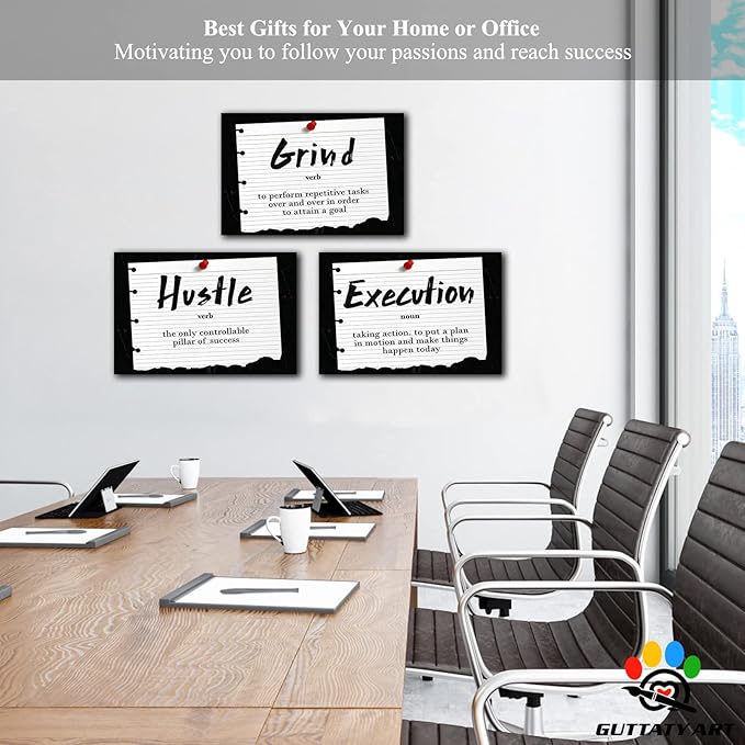 Office Wall Art - 3 Panel Motivational Wall Art, Inspirational Quotes Canvas Art for Home Office Wall Decor, Positive Quotes Wall Decor, Entrepreneur Grind Hustle Execution Poster Frame (16”x24”x3Pcs)