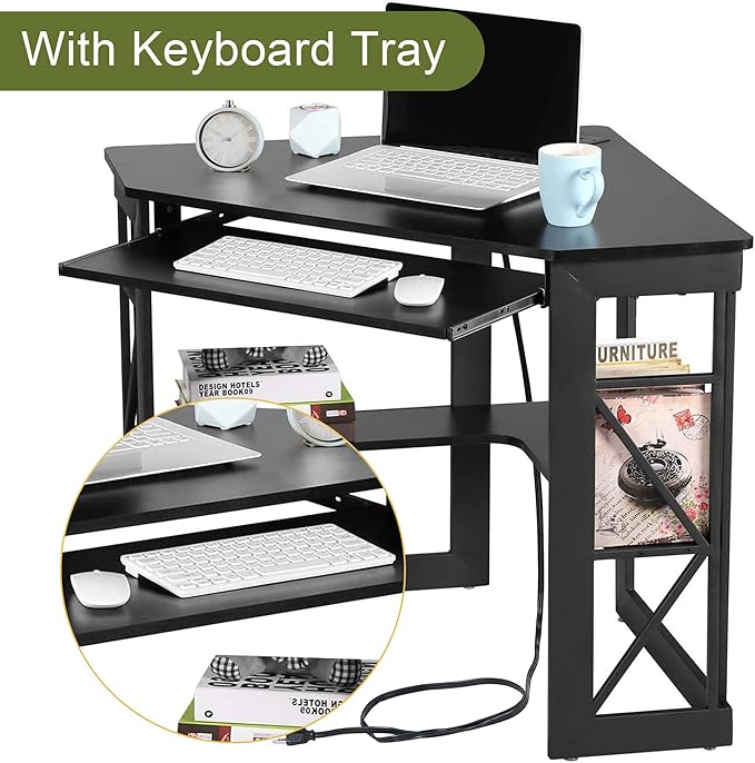 VECELO Corner Computer Desk 41x30 inches with Charging Station & Keyboard & Storage Shelves for Small Space,Triangle Table for Home Office Bedroom,Black