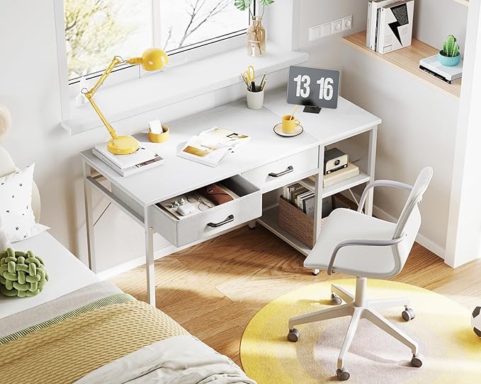 Coleshome Small Computer Desk with Drawers, 40 Inch Reversible Home Office Desk with Storage Shelves, Study Laptop Vanity Table for Bedroom Small Space, White