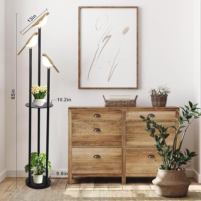 Black and Gold Floor Lamp, Bird Floor Lamp with Shelves, Modern floor Lamps for Living Room, 3-Light Corner Standing Lamp, LED Stand Up Lamp, Tall Lamp for Bedroom, Office, Cute Lighting Decor
