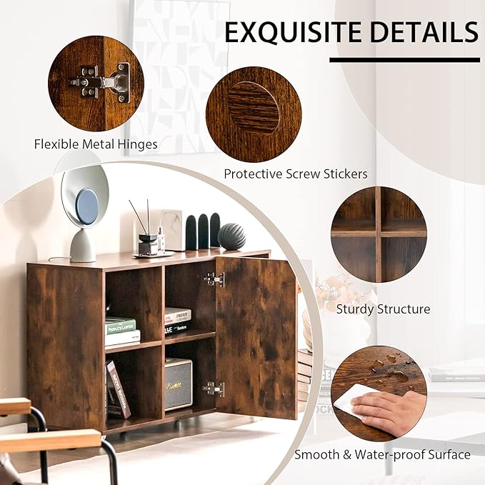 Lateral File Cabinet, Wood Storage Cabinet with Doors and Shelves, Kitchen Buffet Sideboard with 6 Universal Wheels, Modern Printer Stand, Mobile Filing Cabinets for Home Office (Rustic Brown)