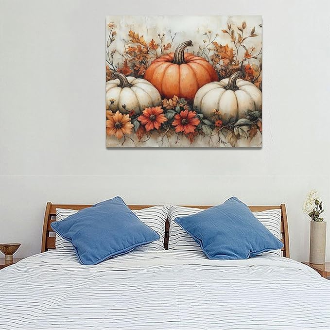 Fall Pumpkin Wall Art Autumn Leaf Pictures Wall Decor Maple Leaves Canvas Painting Modern Artwork Home Decoration for Living Room Bathroom Bedroom Office Framed 24"x16"