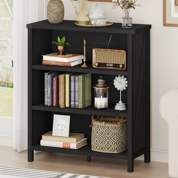 BON AUGURE Small Bookshelf, 3 Tier Black Book Shelf, Farmhouse Storage Bookcase, Short Wooden Book Cases for Small Space, Office, Bedroom, Living Room (Black Oak)