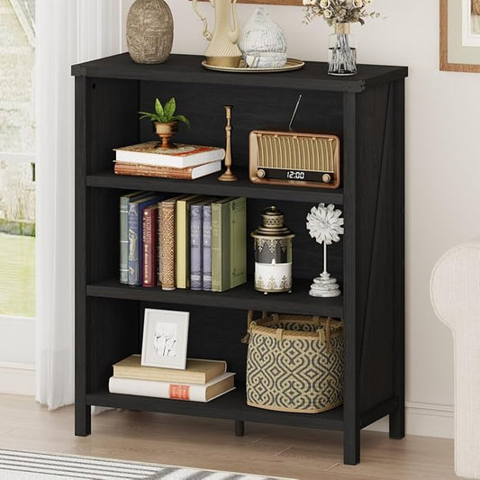 BON AUGURE Small Bookshelf, 3 Tier Black Book Shelf, Farmhouse Storage Bookcase, Short Wooden Book Cases for Small Space, Office, Bedroom, Living Room (Black Oak)