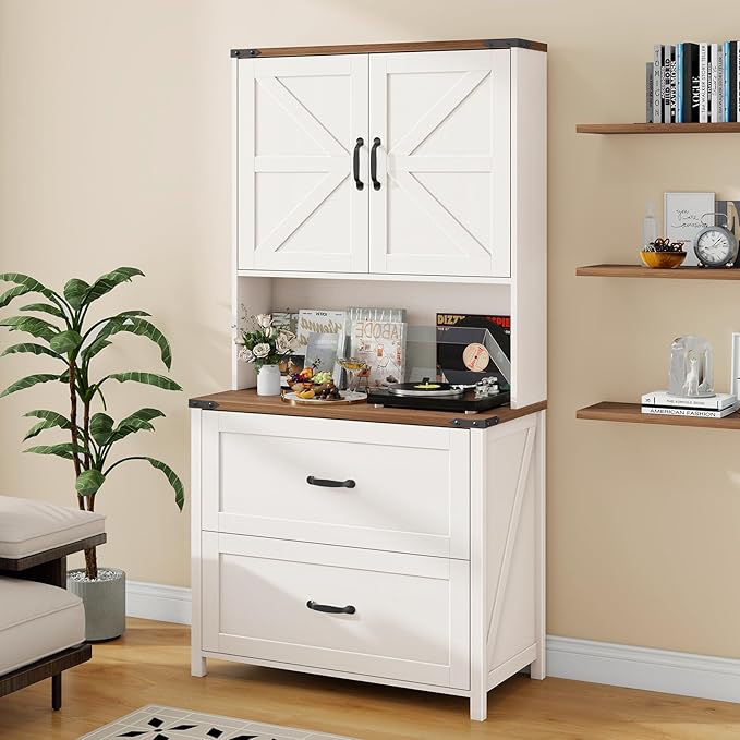 File Cabinet with 2 Drawer for Legal/Letter/A4 Size Hanging Files, Farmhouse Filing Cabinet with Adjustable Shelf, Large Wood File Cabinets for Home Office Printer Stand with Bookshelf, Rustic White