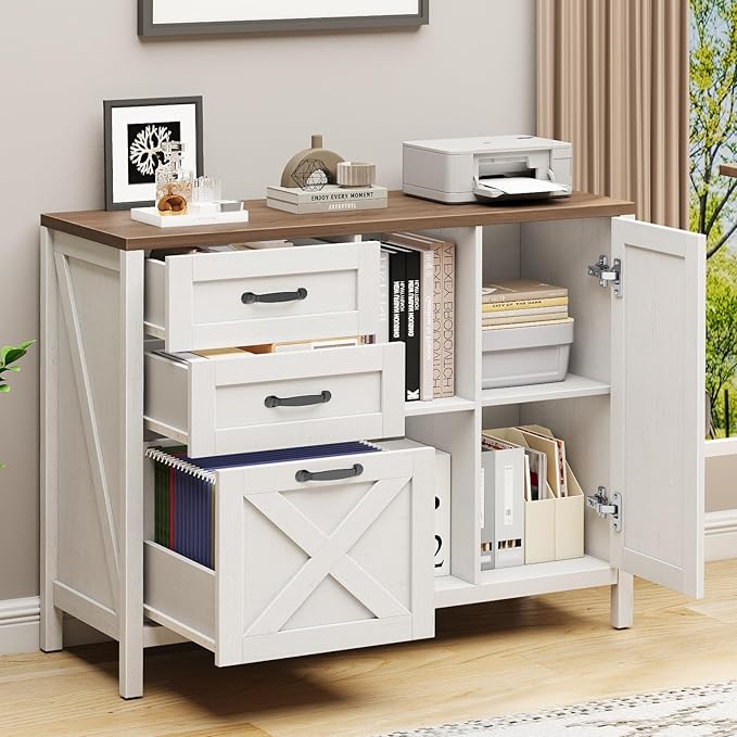 Vabches Lateral File Cabinet, Farmhouse 3 Drawer File Cabinet with Open Storage Shelf for Letter/A4/Legal Size Hanging Files, Large Wood Storage Cabinets Printer Stand for Home Office, White