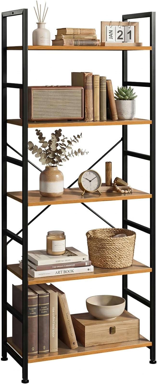 5 Tier Bookshelf, Free Standing Wooden Bookcase with Open Storage Shelves with Metal Frame, Sturdy Shelf Organization Display Rack for Living Room, Bedroom, Home Office, 62.2" Tall, Wood