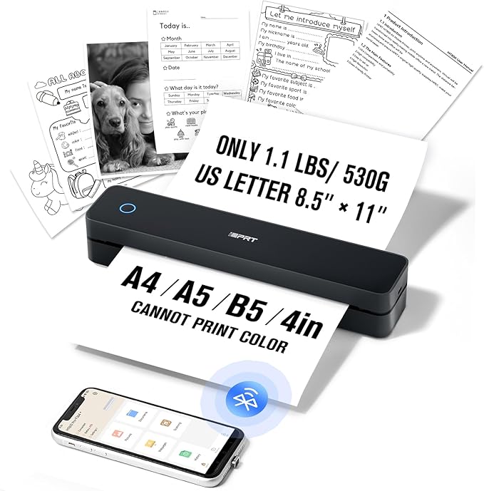 iDPRT Portable-Printer Wireless for Travel, 300DPI Inkless-Thermal-Small-Printers for Home Use, Office, Vehicles, Mobile Bluetooth Printer Supports 8.5" x 11" US Letter, for Smartphone & PC