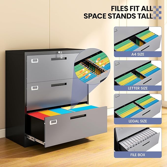 Metal 3 Drawer Lateral File Cabinet with Lock, Wide&Deep Filing Cabinet for Letter/Legal/F4/A4 Hanging Files, Includes Business Card Holder, Home Office School Storage